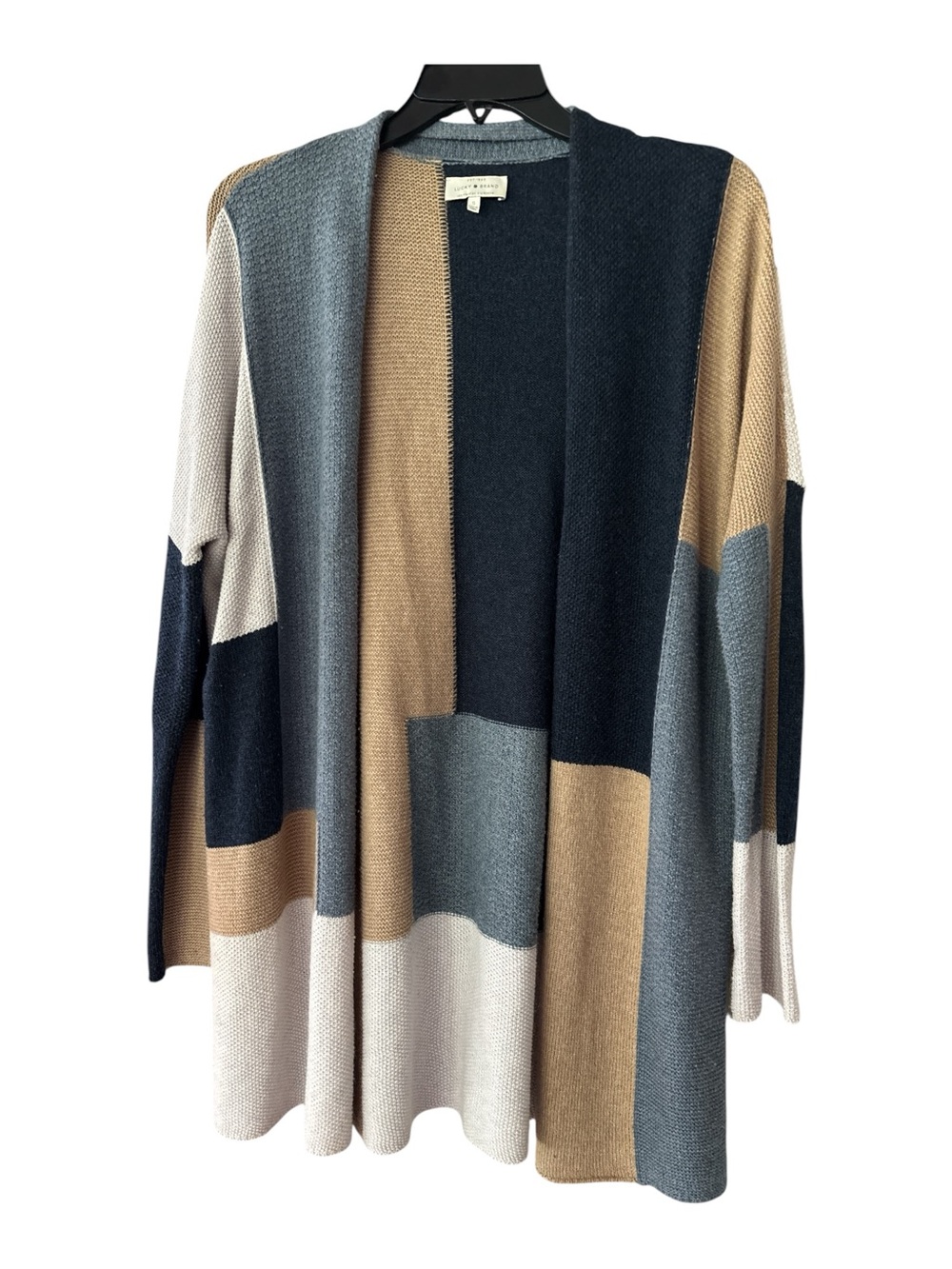 LUCKY BRAND long patchwork cardigan,wool blend knit ,oversized small, blue gray - Picture 2 of 6